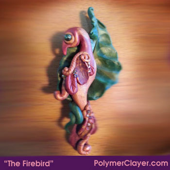 Firebird on leaf in polymer clay - I made it in a Christi Friesen class. Want to make your jewelry look more professional - take a class!