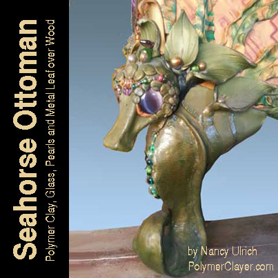 Seahorse furniture leg made with Premo Sculpey, pearls, chatoyant glass, silica glass beads, metal leaf over a wood armature.